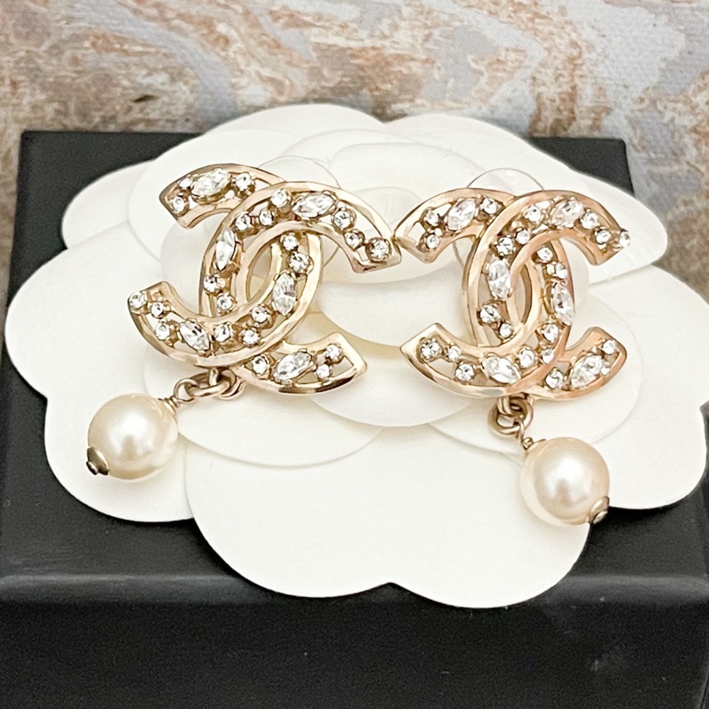 Chanel Large CC Multi Size Crystal Pearl Drop Gold Earrings